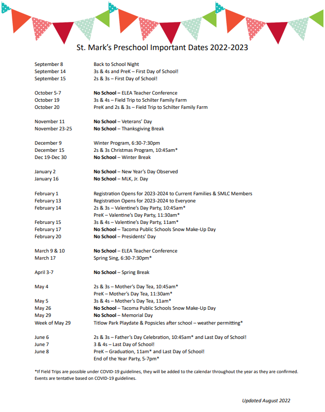Preschool Calendar and Information St. Mark's Lutheran by The Narrows